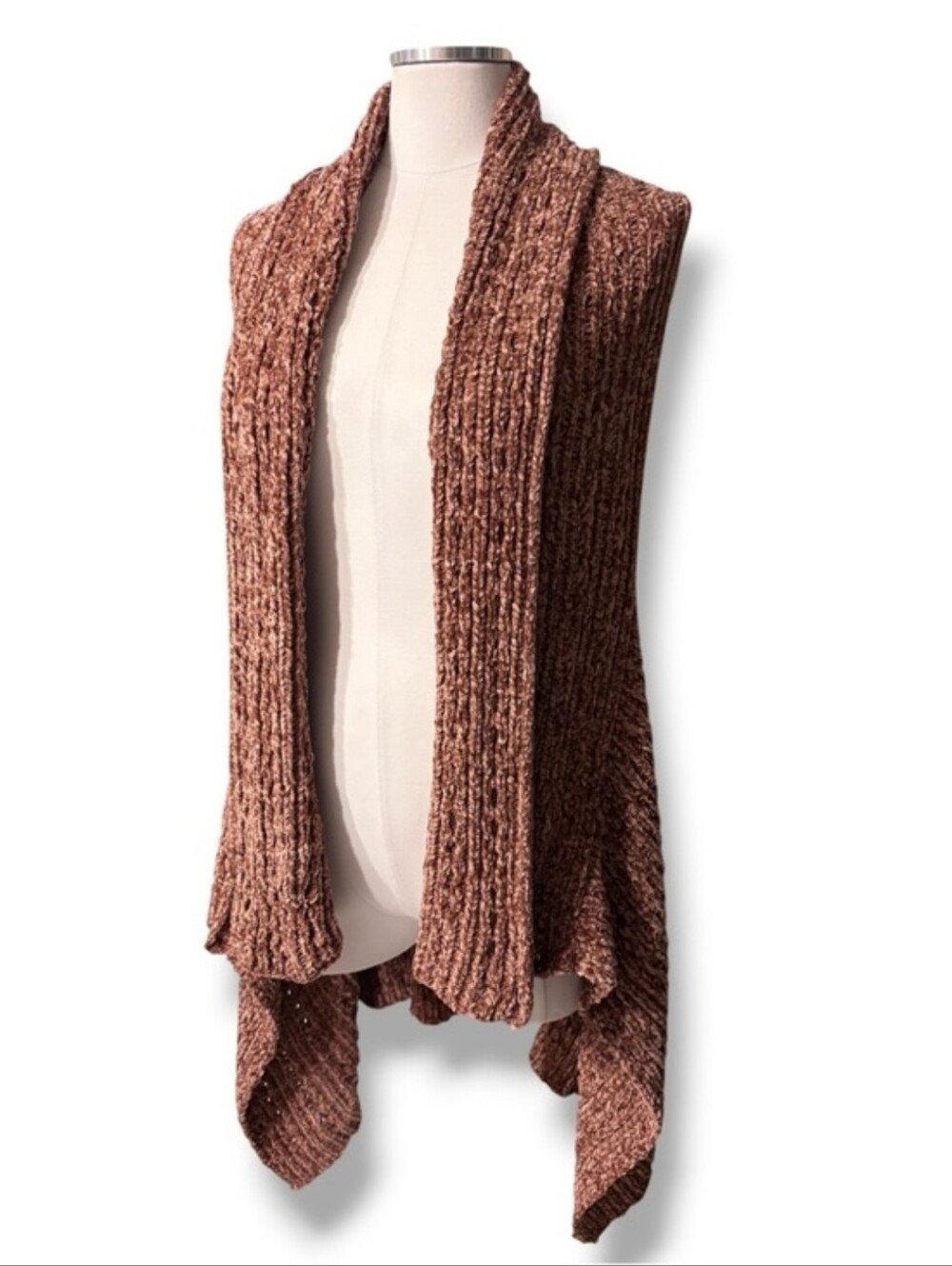 KRAZY KAT Chunky Knit Open Front Sleeveless Cardigan Asymmetrical Hem Size L/XL
